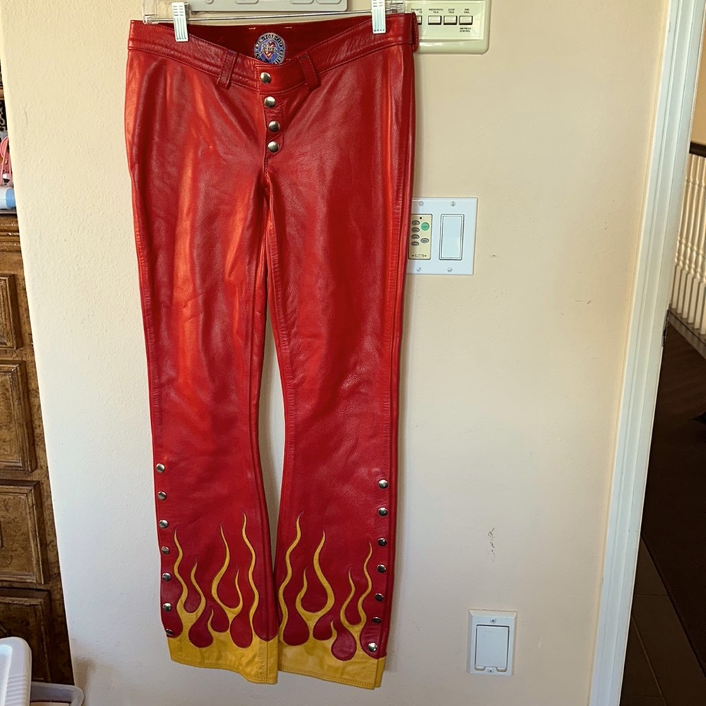 AGATHA BLOIS CUSTOM RED LEATHER PANTS WITH FLAMES!!! Collectors item